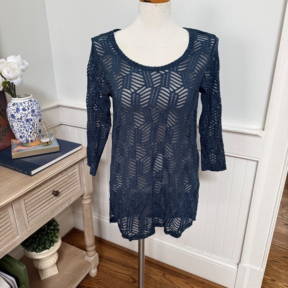 Ariat Womens Blue Geometric Knit Crochet Mesh Long Sleeve Tunic Top M - Picture 1 of 7